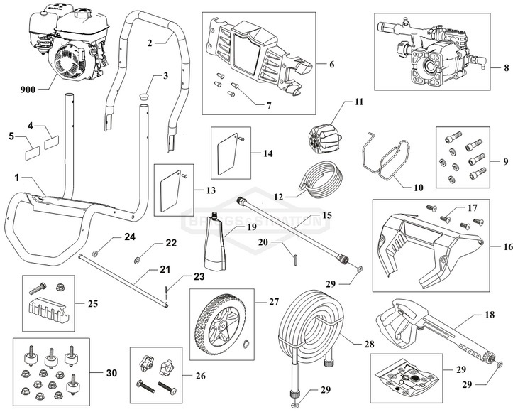 Briggs & Stratton pressure washer model 020829 replacement parts, pump breakdown, repair kits, owners manual and upgrade pump.